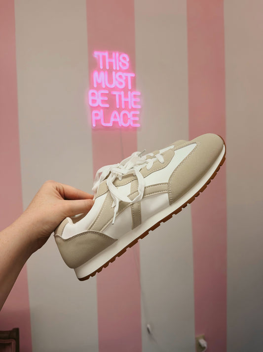Tan and white sneakers